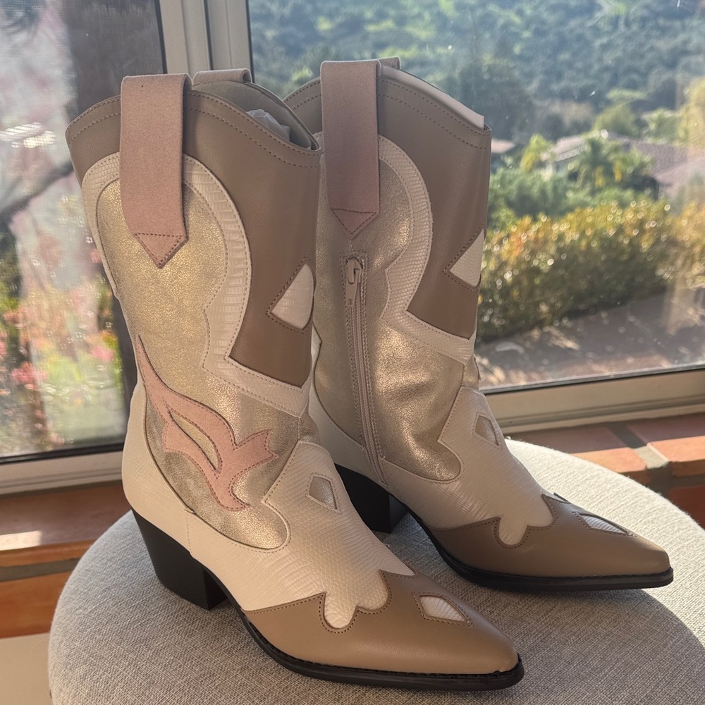 ShuShop Women's Heeled Boots in Cream, Tan, light shimmer of Gold